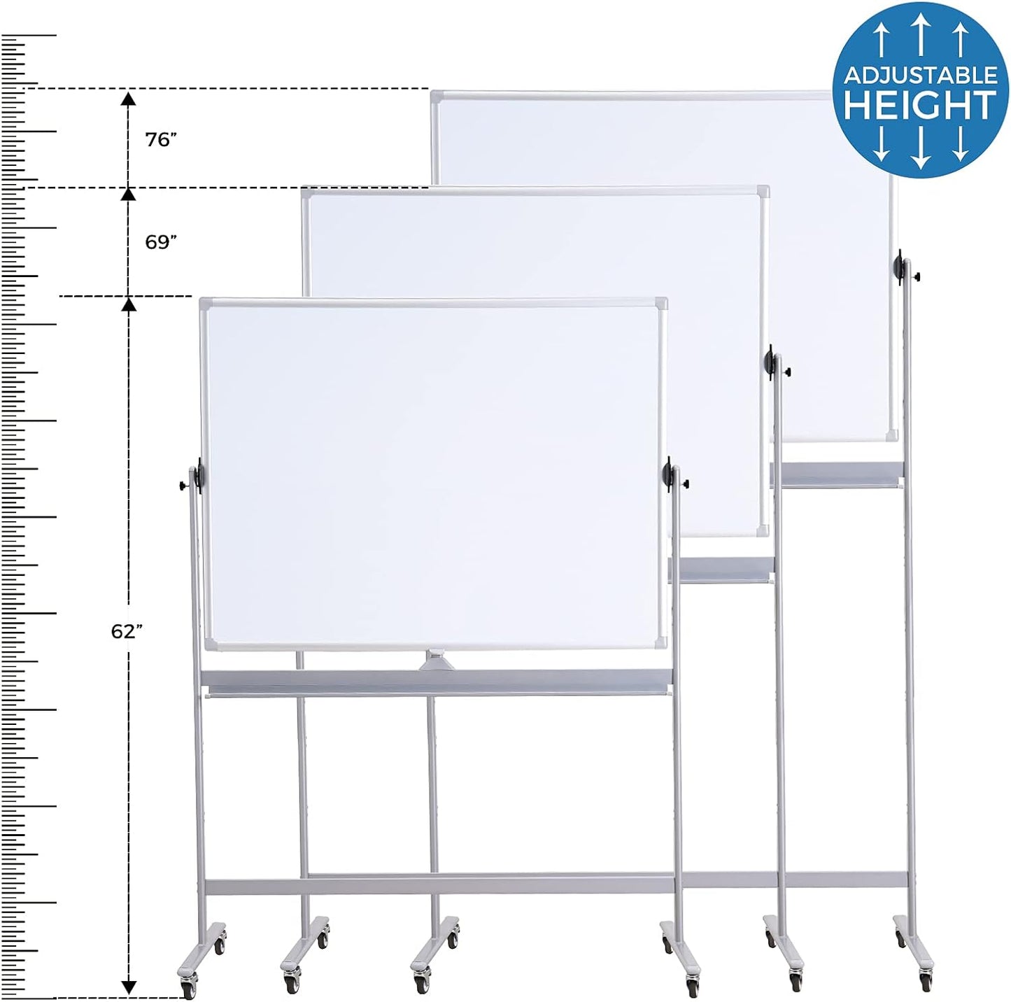 Large Double Sided Whiteboard 72x40 inches on Wheels - Height Adjustable Mobile Magnetic Dry Erase Board with Rolling Stand for Office Meetings, Classroom Teaching, Home, Silver Frame