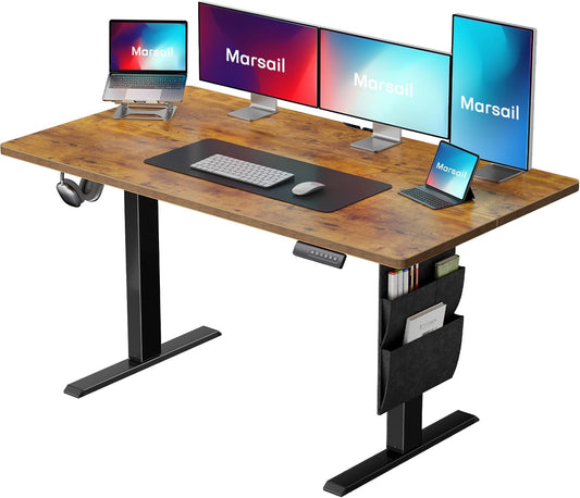 Marsail Electric Standing Desk Adjustable Height Home Office Desks 55"x28" with Storage Bag,Sit Stand up Desks for Study,Writing,Work Computer 4 Memory Preset with Headphone Hook