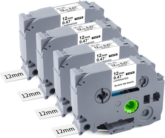 4Pk Tze-231 Label Maker Tapes Replacement for Brother P Touch Label Tape 12mm 0.47 Laminated White TZe231/TZe-231 for Brother PT-D210 D400 H103W H110 1280 1290 1880 2040, Black on White