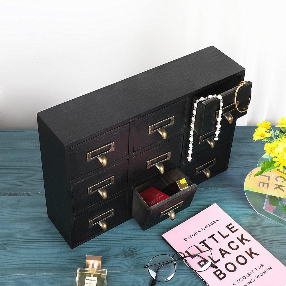 09 Drawers Apothecary Cabinet with Drawers Tabletop Apothecary Chests and Cabinets Library Card Catalog Cabinet Herb Storage Box Wooden Desk Drawer Organizer Medicine Vintage Furniture(BLACK)