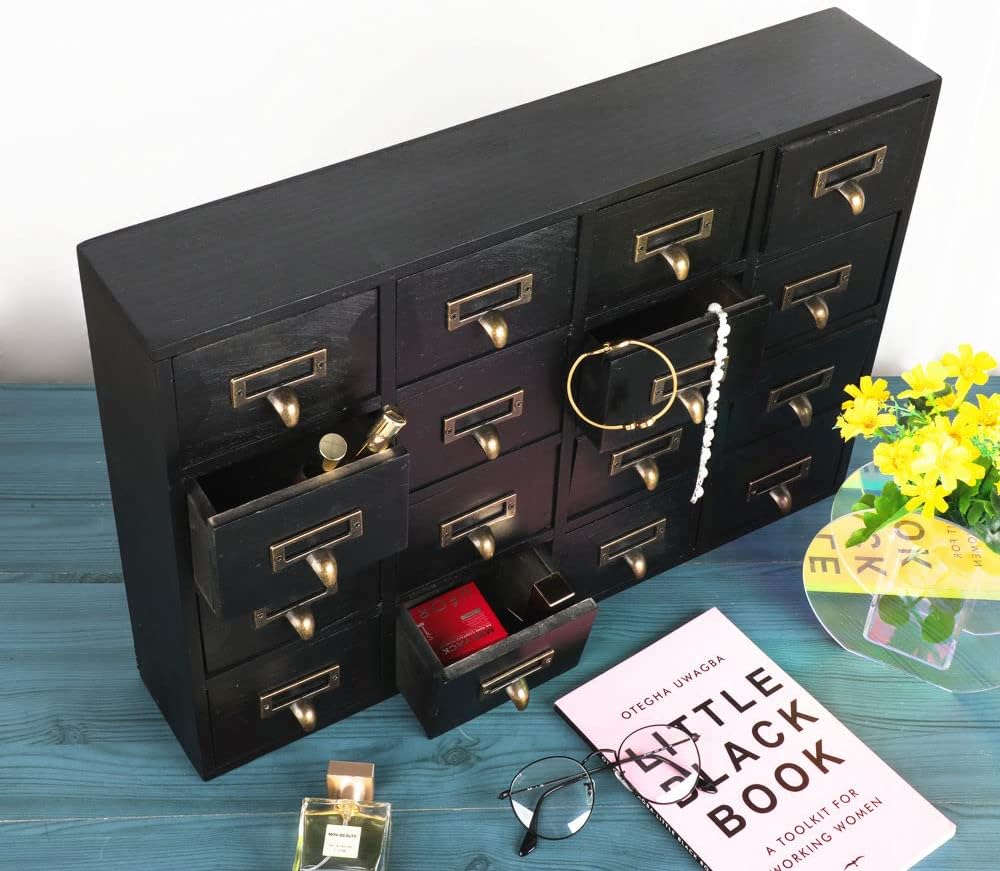 16 Drawers Apothecary Cabinet with Drawers Tabletop Apothecary Chests and Cabinets Library Card Catalog Cabinet Herb Storage Box Wooden Desk Drawer Organizer Medicine Vintage Furniture(BLACK)