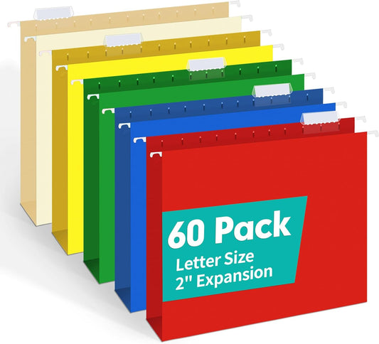 HERKKA Extra Capacity Hanging File Folders, 60 Pack Reinforced Letter Size Hanging Folders with Heavy Duty 2 Inch Expansion, Designed for Bulky Files, Medical Charts, Adjustable Tabs, Assorted Colors