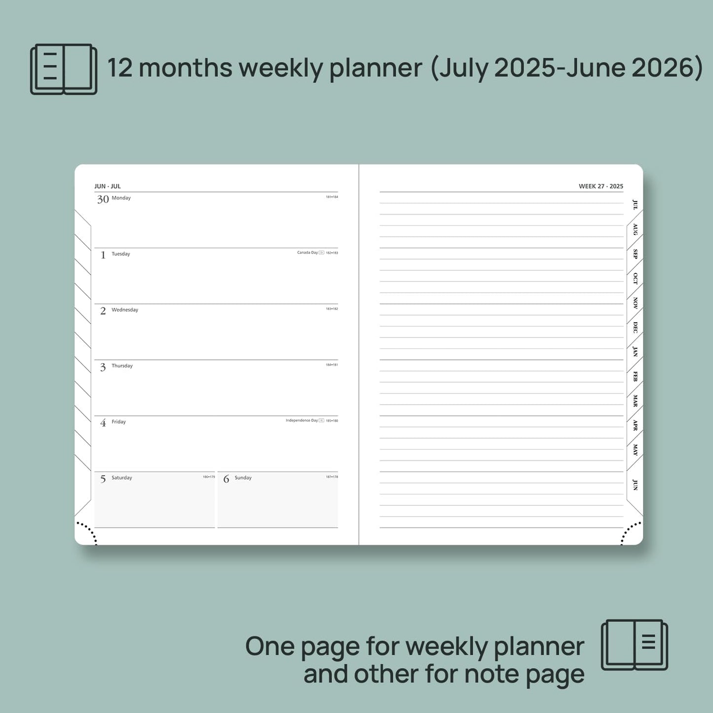 POPRUN Planner 2025-2026 Weekly Notebook (Medium 6.5''x 8.5'') Academic Calendar (JUL.25 - JUN.26) Appointment Book with Monthly Tabs, Leather Soft Cover, Inner Pocket, 100 GSM - Petrol Green