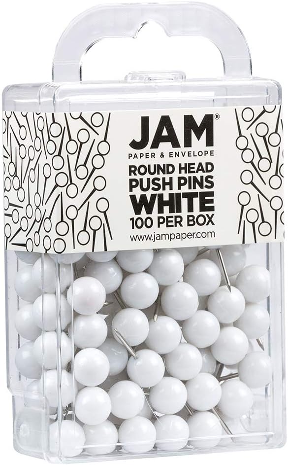 JAM PAPER Colorful Push Pins - Round Head Map Thumb Tacks - White Pushpins - 100/Pack