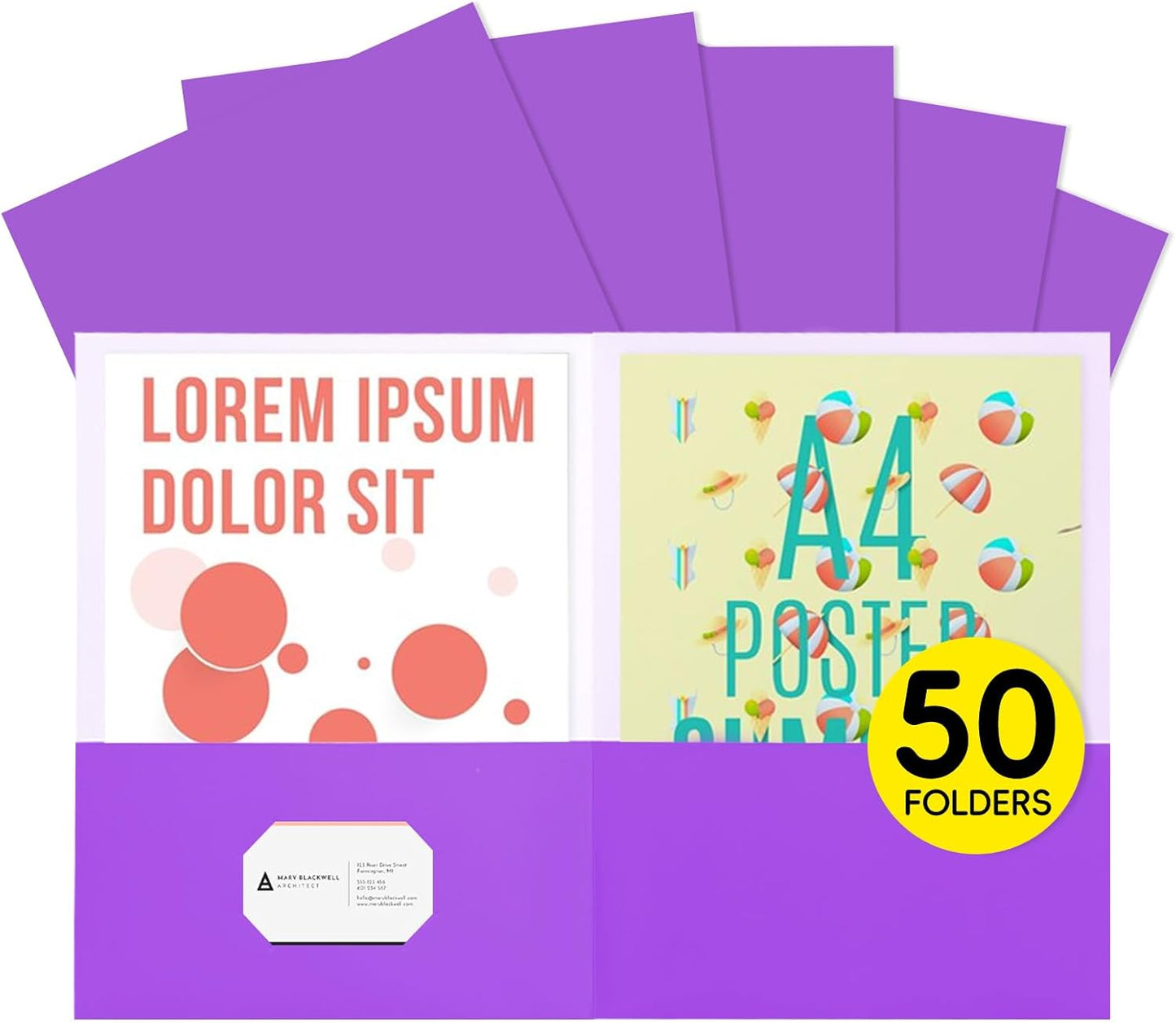 50Pcs Purple Folders with Pockets and Business Card Holder,Two Pocket Folders for School,Home or Office,Durable Heavy Duty File Folders