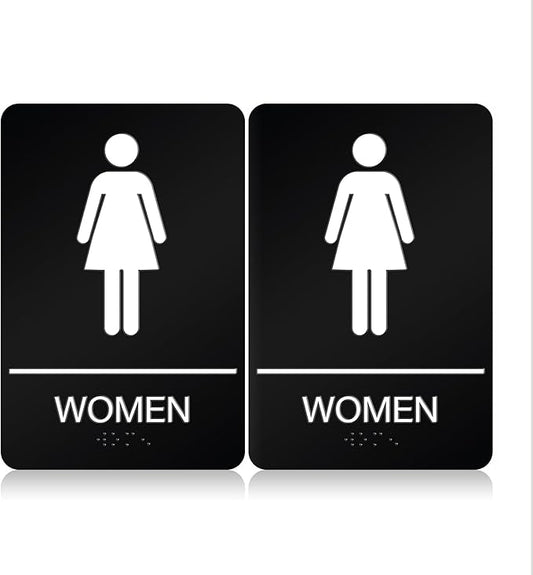 ADA Braille Womens Restroom Sign for Business with Double Sided 3M Tape - ABS Plastic Womens Bathroom Sign 9” x 6” for Offices and Restaurants