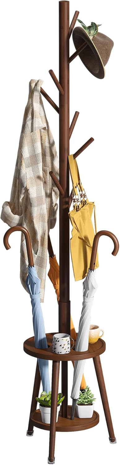 FILWH Freestanding Coat Rack with Umbrella Organizer Tray Bamboo Coat Tree Rack with 8 Hook Stand for Clothes Bag Hats Entryway Hanger Stand(Brown)
