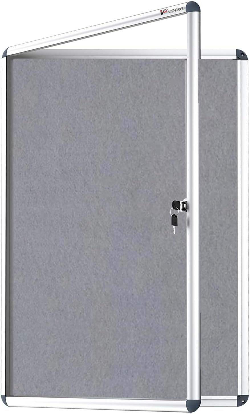 VIZ-PRO Tamperproof Lockable Gray Fabric Noticeboard Aluminium Framed 36x24 Inches