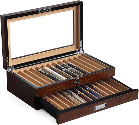 Pen Display With 24 Slots, Wood Storage Organizer, Glass Window Box for Men Gift (Brown Ash Veneer Finish, Camel Velvet)