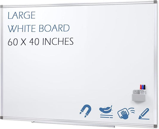 SWANCROWN Magnetic Dry Erase Board 60" x 40" Large White Board, with 2.5 cm Thick Aluminum Frame, Long Marker Tray & Magnretic Pen Holder – Whiteboard for Wall, Offices, School, Meeting Rooms