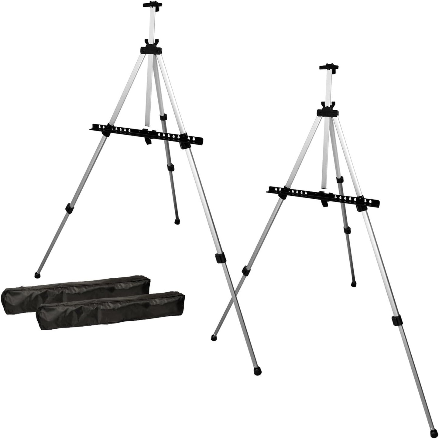 U.S. Art Supply 66" Silver Metal Tripod Easel Display (2 Pack) - Adjustable 18"- 5.5', Holds 36" Canvas - Floor/Tabletop Easel Stand, for Sign Display, Painting, Poster Board, Canvas - Portable Bag