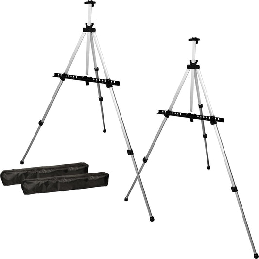 U.S. Art Supply 66" Silver Metal Tripod Easel Display (2 Pack) - Adjustable 18"- 5.5', Holds 36" Canvas - Floor/Tabletop Easel Stand, for Sign Display, Painting, Poster Board, Canvas - Portable Bag
