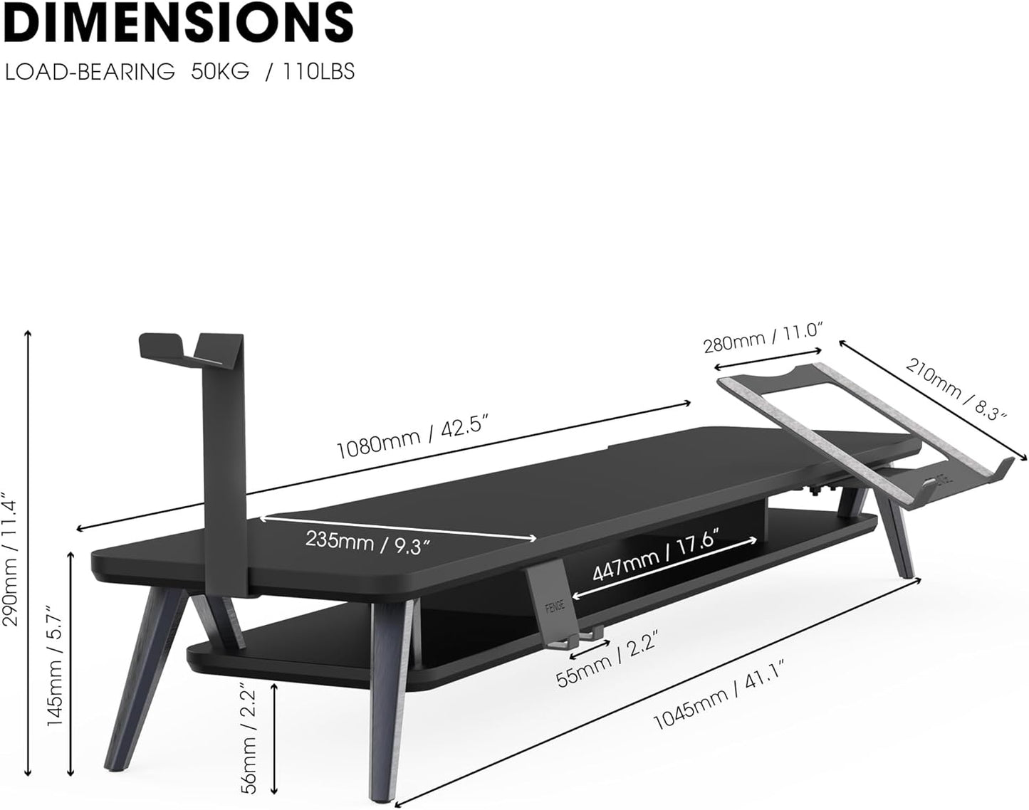 Fenge Dual Monitor Stand, Monitor Riser for 2 Monitors with Adjustable Laptop Riser , 42.5 Inch Desk Shelf for Top of Desk with Phone Holder& Headphone Stand