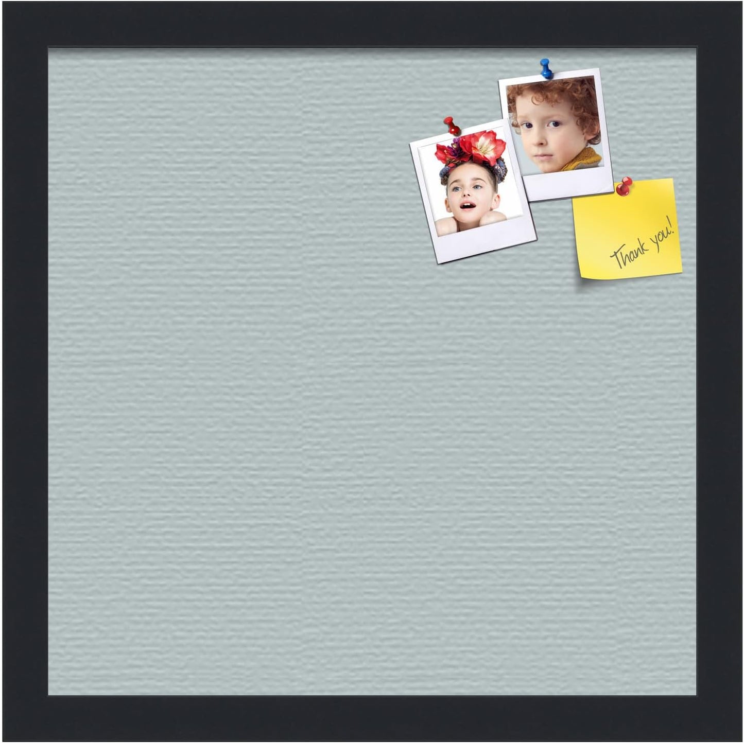 PinPix 14x14 Inch Cork Bulletin Board. This Decorative Framed Pin Board Comes with Soft Blue Design and a Satin Black Frame. Ideal for Home Office Decor or Message Board (PinPix-1814)