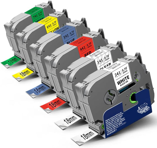 6-Pack Tz 18mm 0.7" Laminated Tape Compatible for Brother Tze-141 Tze-241 Tze-441 Tze-541 Tze-641 Tze-741 P Touch Tze 3/4 Inch Tape for PTD410 PTD400 PTD610BT PTD600 PTP750W PTP710BT