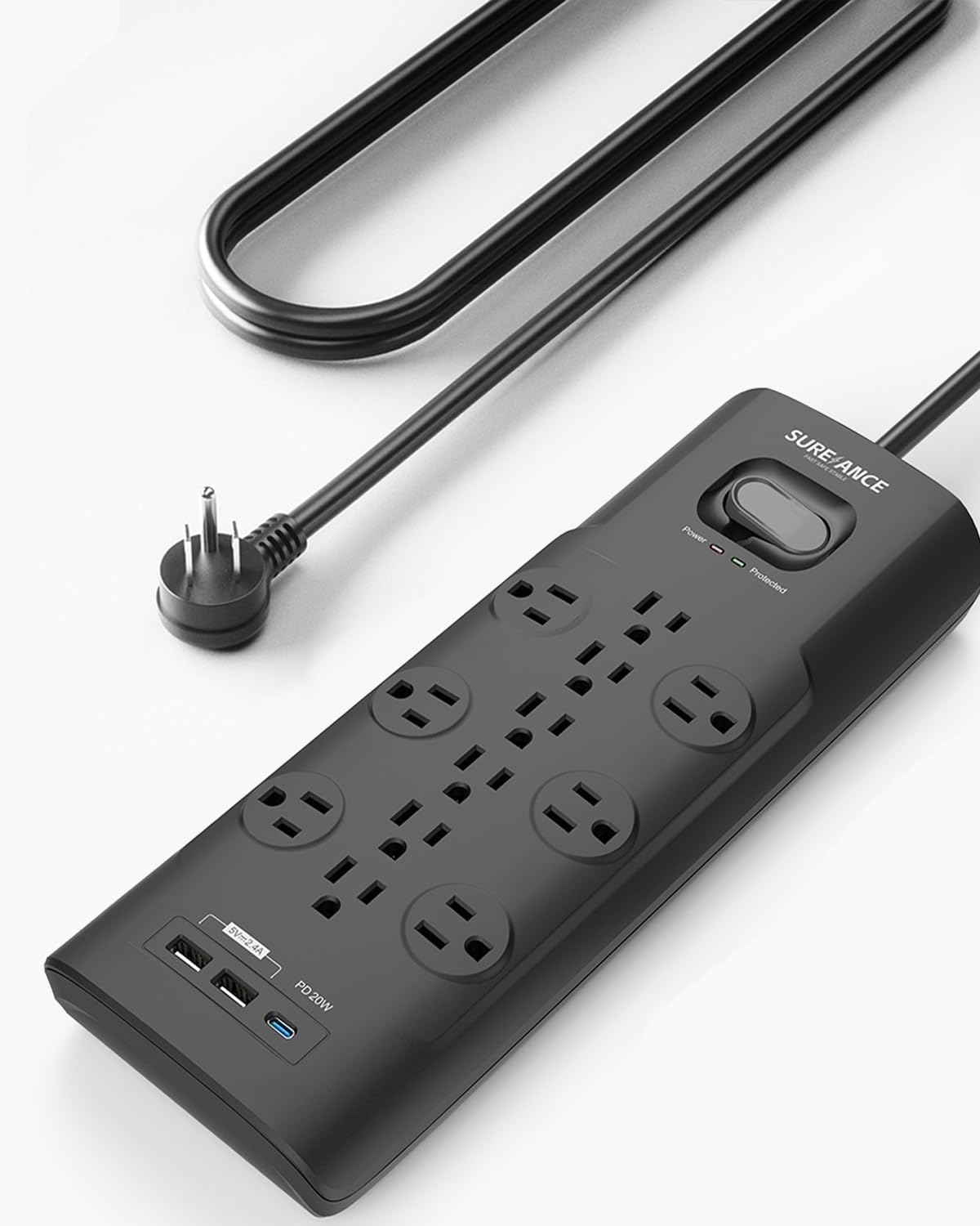 Surge Protector Power Strip, SUREANCE Surge Protector with 12 Outlets and 4 USB Ports, 20W PD USB-C Fast Charging for Home, Office, 4100 Joules, Flat Plug, 6 Feet Extension Cord, ETL Listed