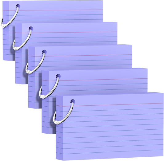 250 Count Purple Index Cards 3x5 Inch with Key Ring, Color Flash Index Card (50 Sheets Each), Durable & Portable Note Taking for Students, Teachers, Study Note Cards for Office Home School