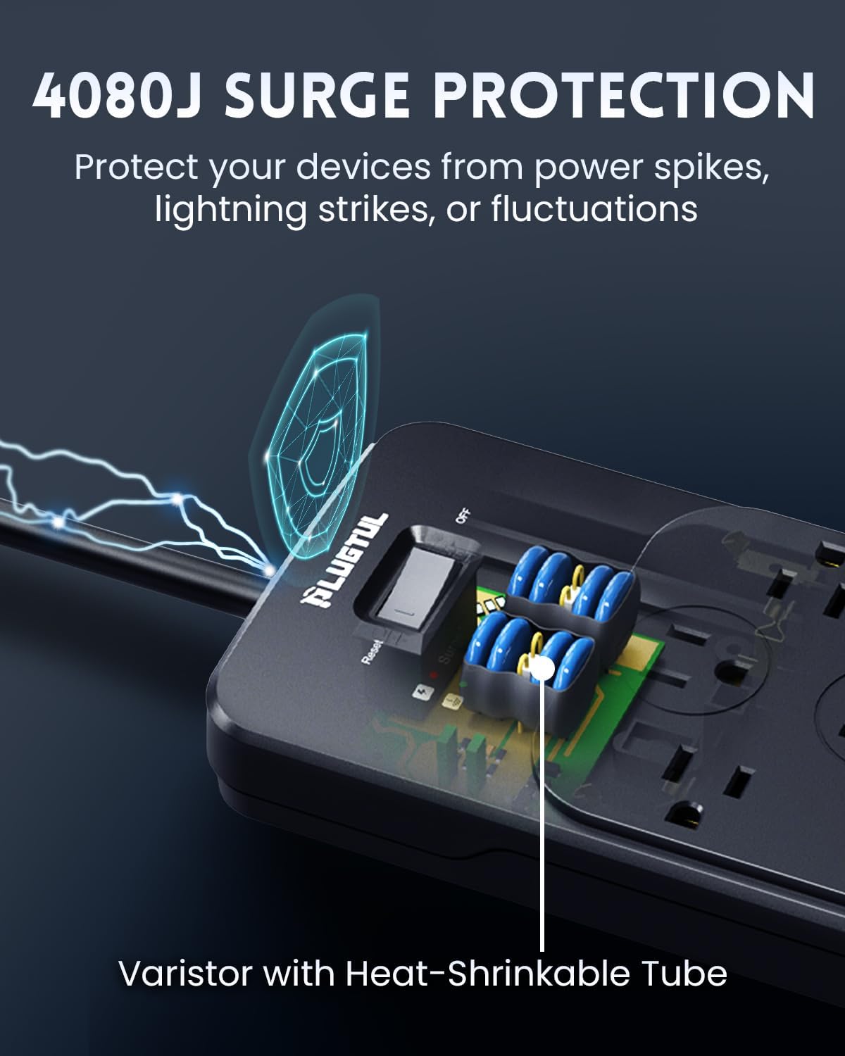 Surge Protector Power Strip 15FT(4080J), PLUGTUL Surge Protector with 12 Outlets - Spacious Design for Large Plugs, Flat Plug, 20W USB C Charging for Home, Office, ETL Listed