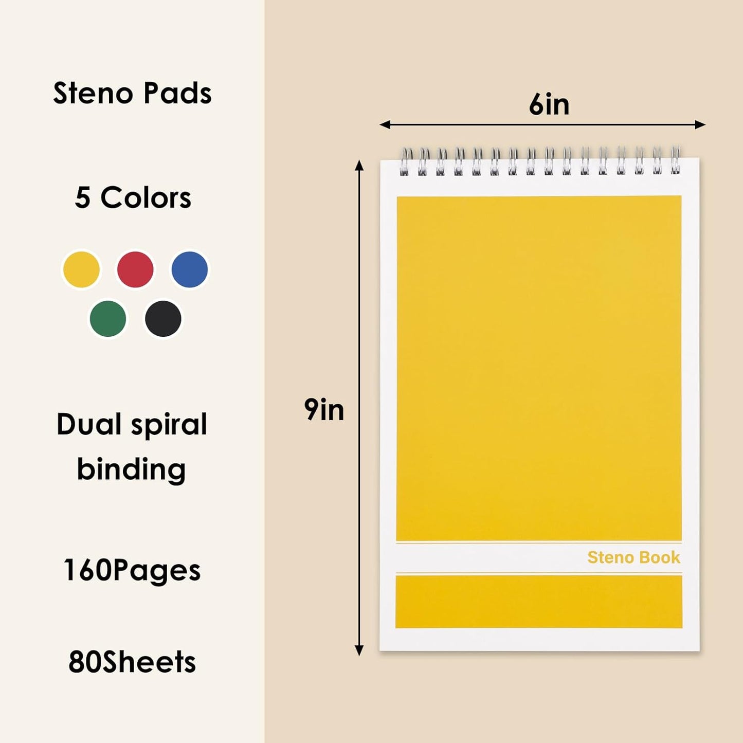 LABUK Steno Pads 6x9in10 Pack, Top Spiral Steno Notebooks, 80 Sheets Note Pads Assorted Color Gregg Rule for School, University, College, Work, Office