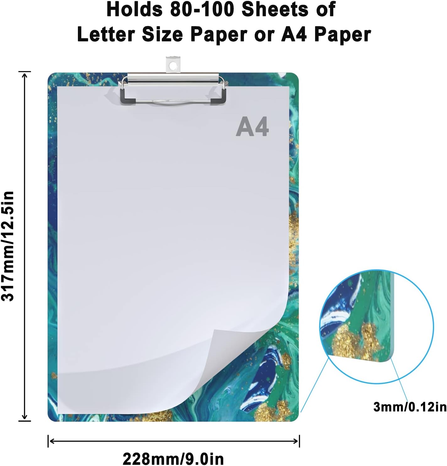 Clipboard Wood Design Decorative A4 Letter Size Clip Boards for Classroom Office, Standard Size 9" x 12.5" with Low Profile Metal Clip - Blue Gold Marble