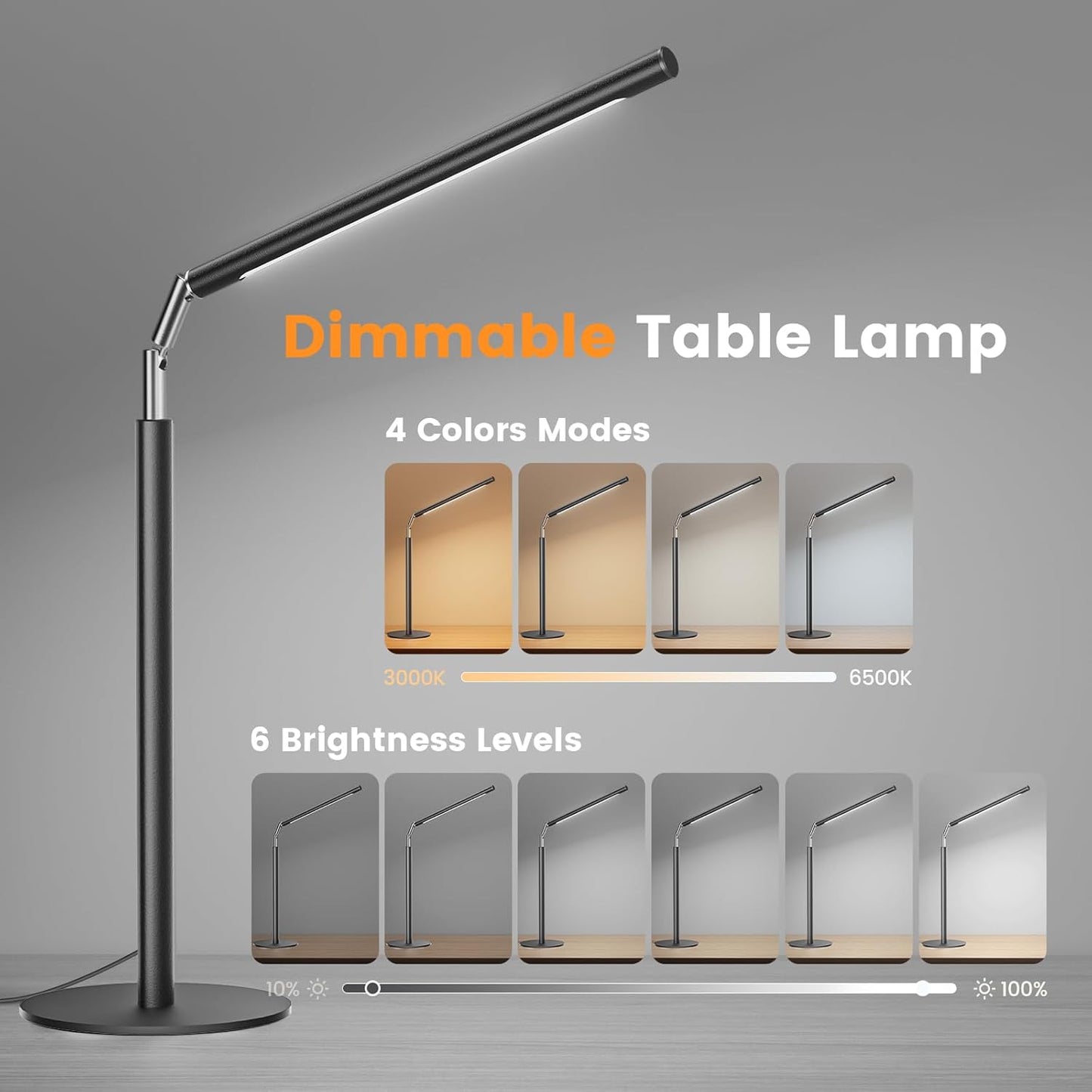 Metal LED Desk Lamp for Home Office - Foldable Industrial Desk Light with Base, 16" Dimmable Table Lamp for Reading, 4 Color Temps, 15W Modern Desktop Lamp for College Dorm Study Task Work
