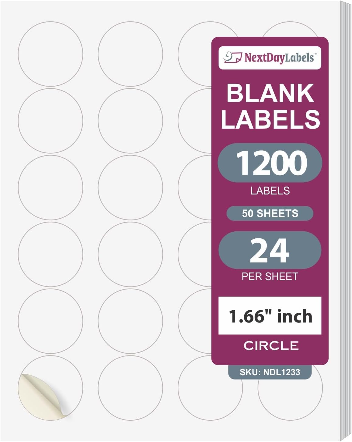 NextDayLabels 1.66 Inch Round Labels - Circle Stickers for Printer - Matte White Blank Laser/Inkjet Labels (1200 Sheets)