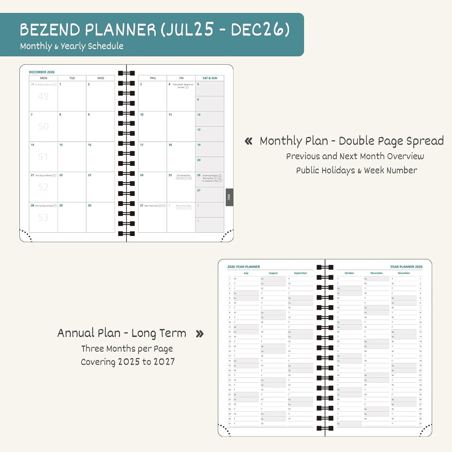 BEZEND Pocket Planner 2025-2026 Weekly and Monthly, 3.5" x 6" Academic Planner (Jul 25-Dec 26) 18-Month Mid-Year Calendar Book, Storage Pocket, Pen Holder, PU Leather Softcover, Spiral - Turquoise
