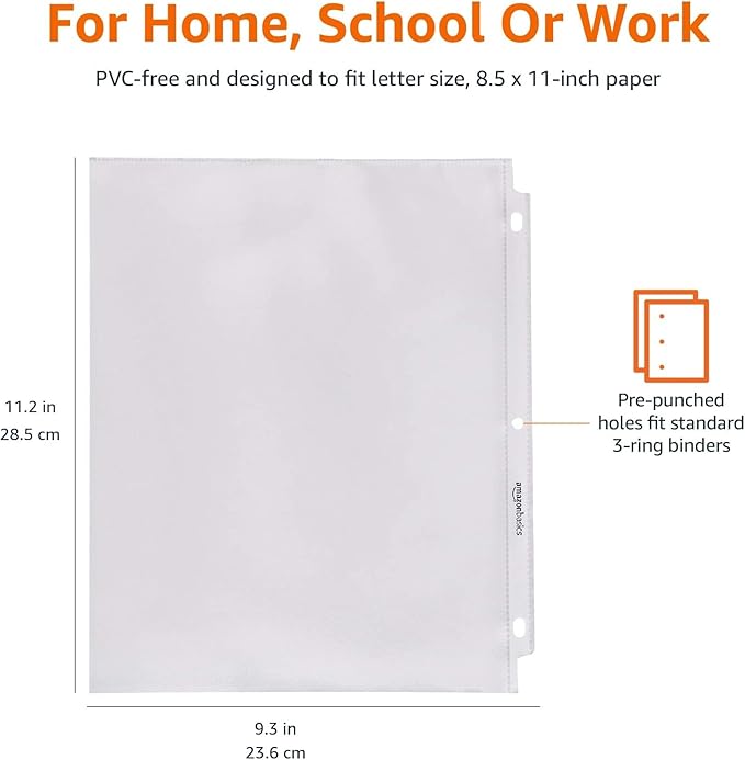 Amazon Basics Non-Glare Sheet Protector for Paper, Sturdy, with Pre-Punched Holes, Clear, 8.5 x 11 Inch, 500 Count