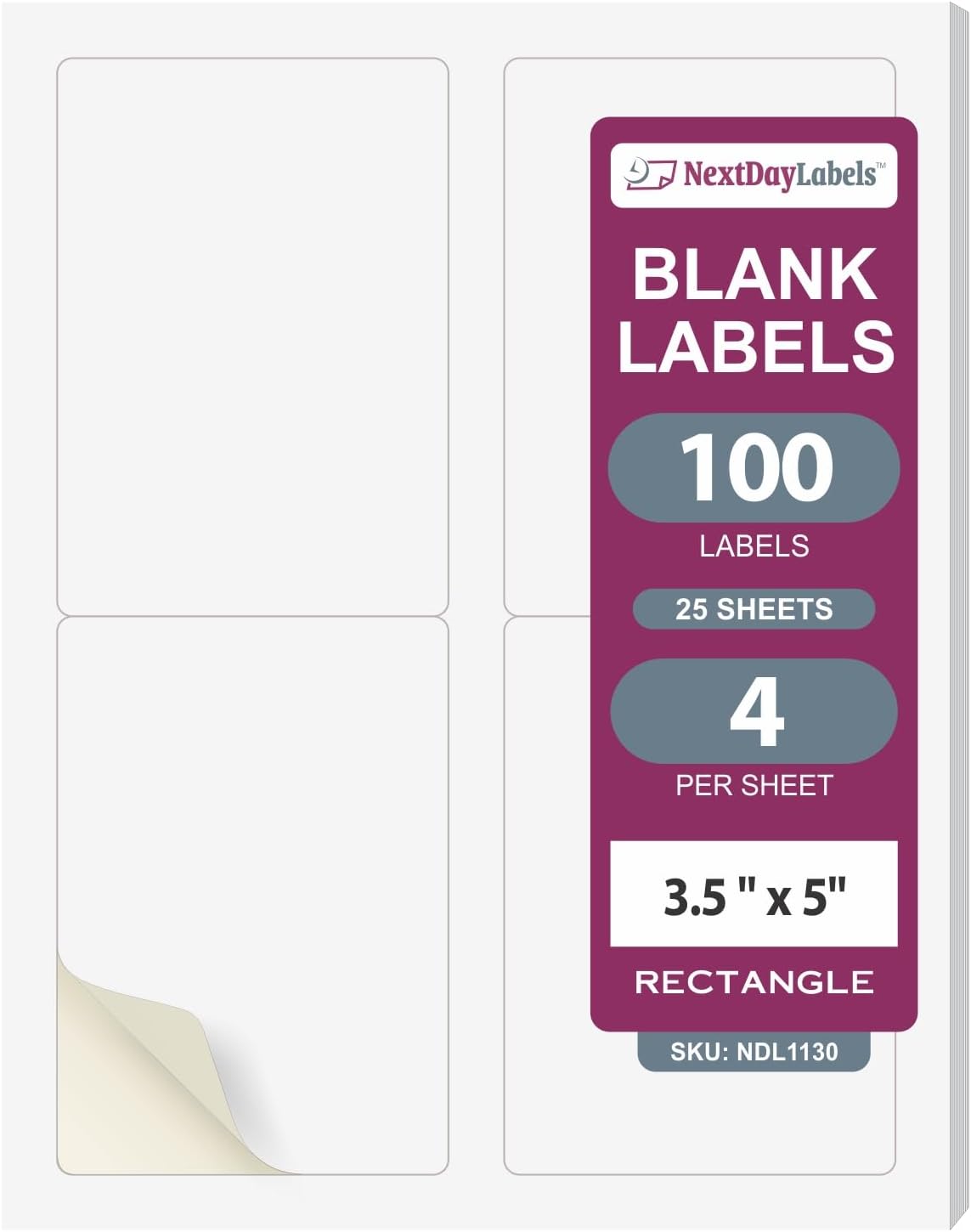 NextDayLabels – 3.5" x 5" Rectangular Sticker Labels for Printer - White Laser/Inkjet Printer Labels Return Address Labels Shipping Label Stickers (25 Sheets, 4 Per Sheet, 100 Labels)