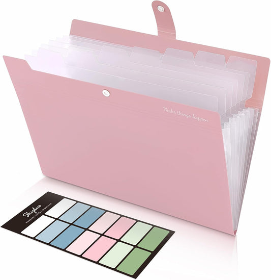 SKYDUE 8 Pockets Expanding File Folders, Accordion Folders, Portable Paper Bill Receipt Organizer, Letter Size, Home College School Office Supplies, Pink