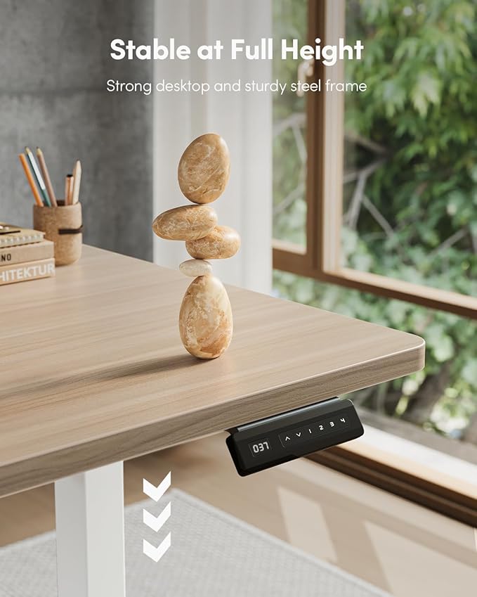 FEZIBO One-Piece Standing Desk Adjustable Height Stand up Home Office Desk, 55x24 Inch Electric Standing Computer Desk, with 4 Memory Presets, Fixable casters, Light Walnut