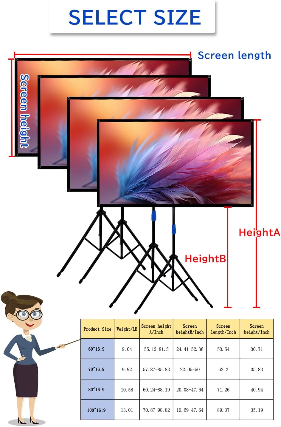 Projector Screen with Stand Outdoor 80 inch 4K HD 1.5-Gain Wrinkle-Resistant Movie Screen, 160° Viewing Angle, Projection Screen for Movie Night and Indoor 【80in】