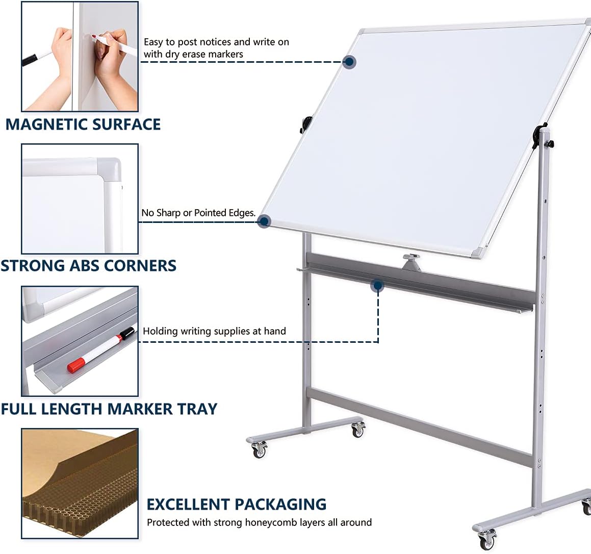 Large Double Sided Whiteboard 72x40 inches on Wheels - Height Adjustable Mobile Magnetic Dry Erase Board with Rolling Stand for Office Meetings, Classroom Teaching, Home, Silver Frame
