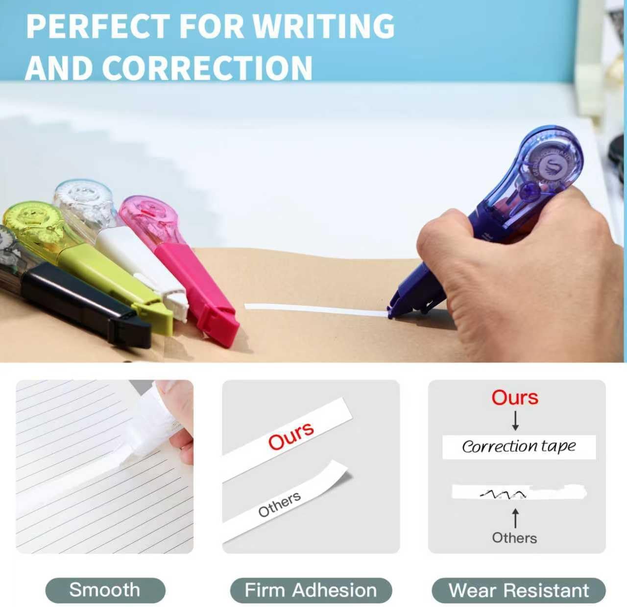 19.69ft Correction Tape Pen, 5-Count Pack, Dry Instantly, Stretch Resistant, not Easy to Break, as Smooth as Writing, Perfect for School, Office Supplies, Black White Red Yellow Blue