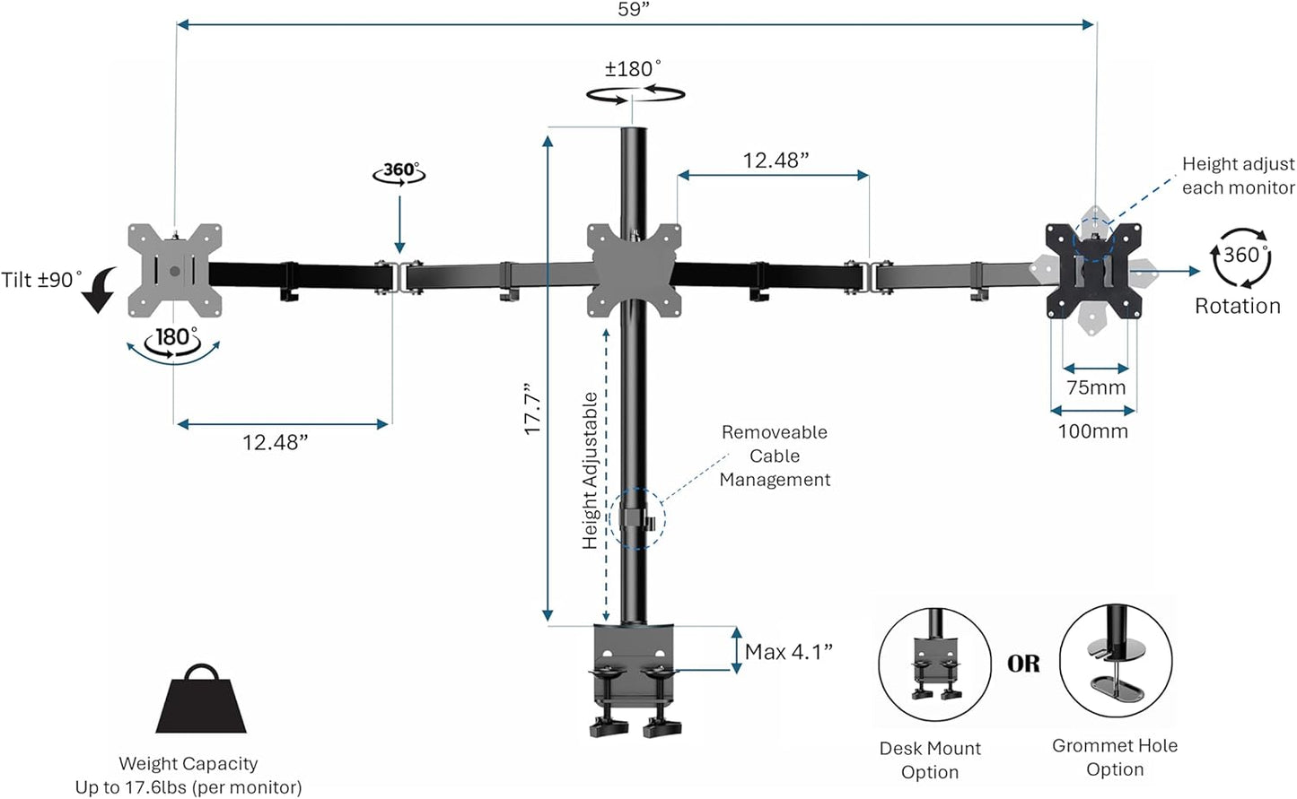 Rocelco 45" Height Adjustable Standing Desk Converter with Triple Monitor Mount and Slide Out Retractable Keyboard Tray - Sit Stand Up Three Screen Tabletop Riser Workstation - Black (R ADRB-45-DM3)