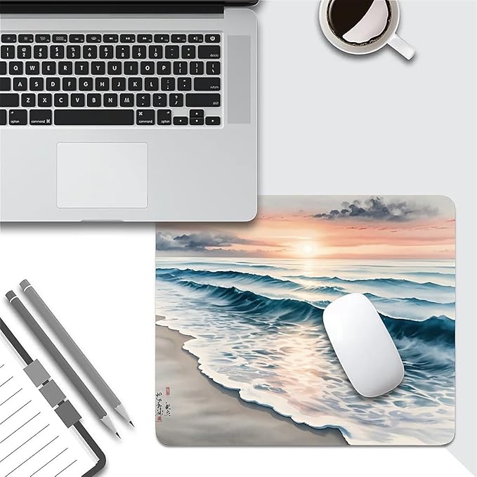Beach Sunset Mouse Pad,Cute Mouse pad,Custom Small Mouse Pads with Designs,Portable Office Non-Slip Rubber Base Wireless Waves Mouse Pad for Laptop