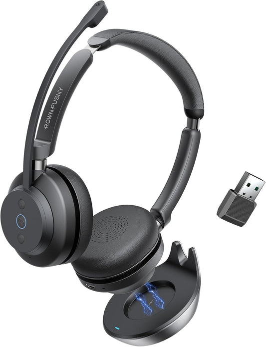 Wireless Headset, Bluetooth Headphones & 2.4G USB Dongle with Noise Cancelling Mic, Mute Button - for PC, Laptop, Call Center, Home Office, Zoom, Teams Meeting