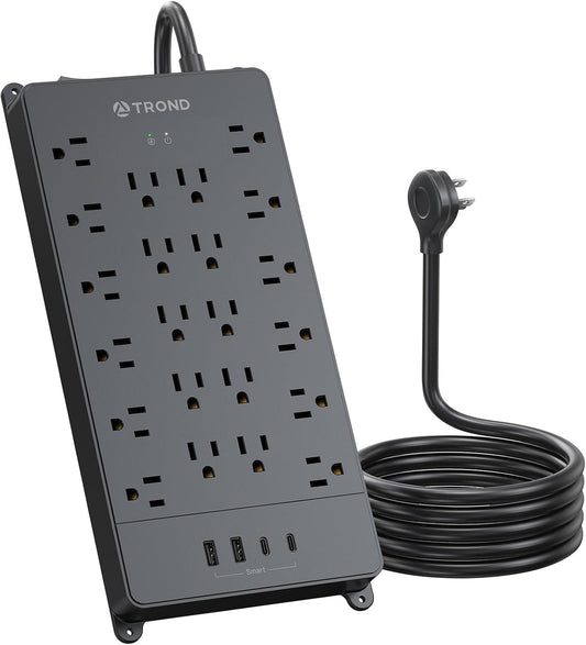 TROND Surge Protector Power Strip, 22 Widely Spaced Outlets with USB Ports, Wall Mount, 4000 Joules, ETL Listed, 15 ft Flat Plug Heavy Duty Extension Cord for Home, Office, Dorm Essential, Black