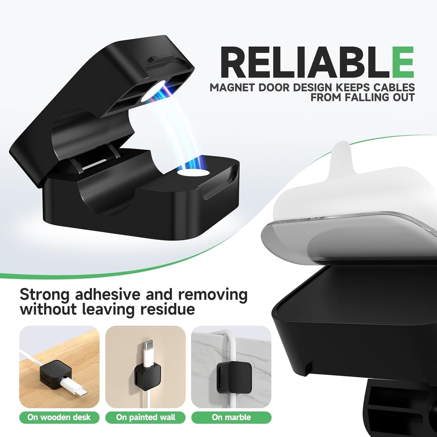 9 Black Magnetic Cable Clips,Under Desk Cable Management,Cord Holder for Nightstand Home Office Car Phone Wall,2025 Adhesive Cord Organizer[0.45" in Ht Save Space/Versatile for Wire Up to 0.27" OD]