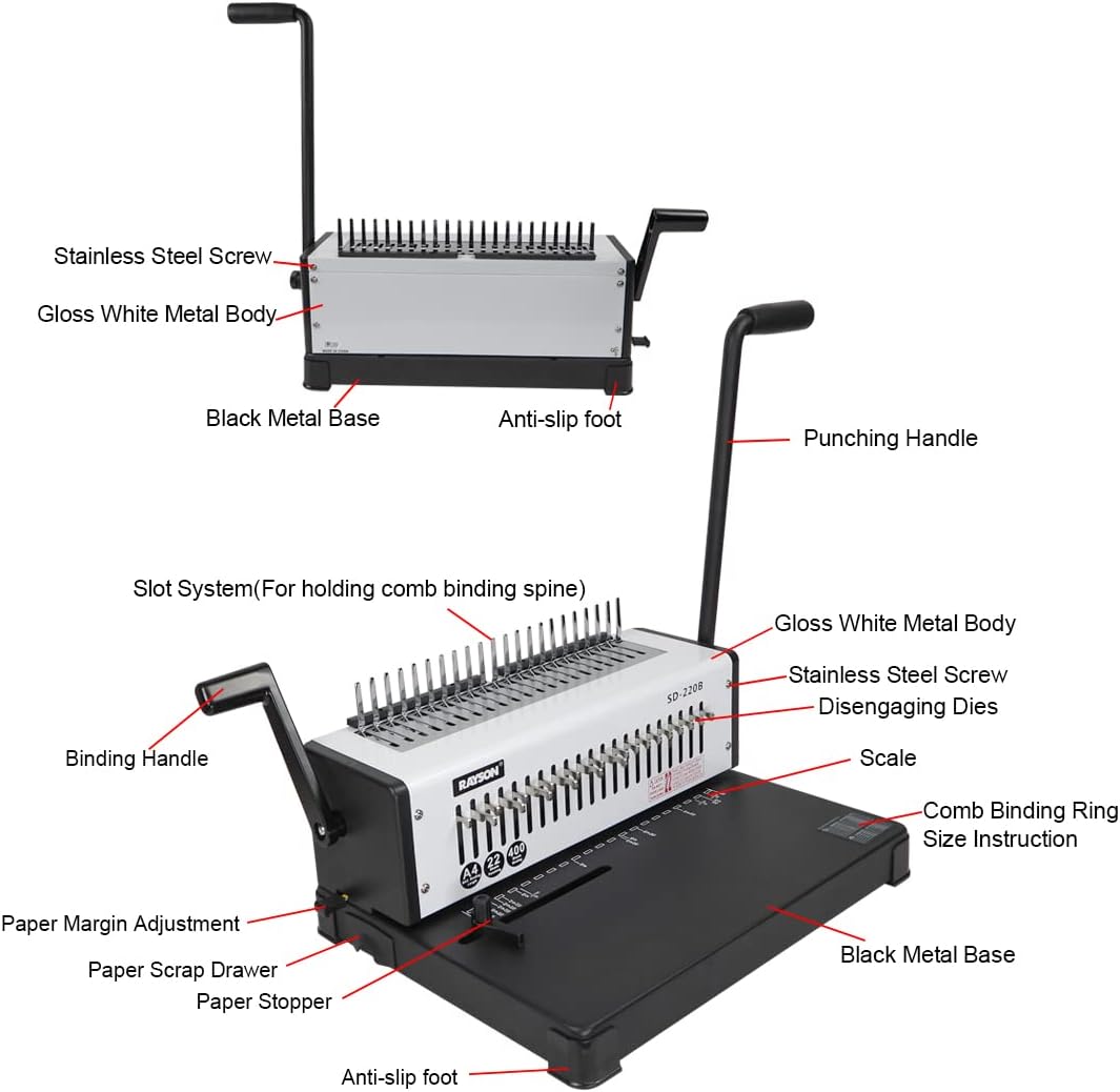 Rayson SD-220B Binding Machine, 21 Holes Comb Binding Machine, Max. Punch 20 Sheets & Binding 400 Sheets
