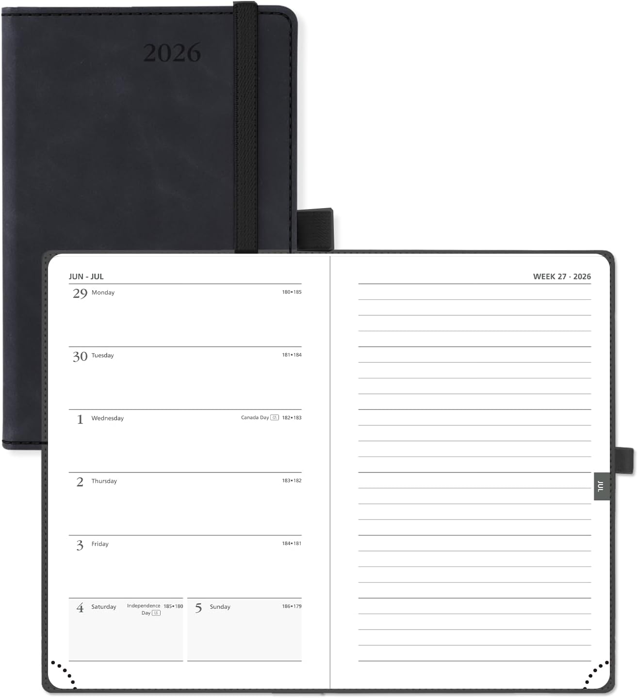 POPRUN Weekly Planner 2026 Pocket Size Calendar (4" x 6.25") 12 Months Notebook with Horizontal Layout, Leather Soft Cover, Inner Pocket, 100GSM Thick Paper, Pen Holder - Black