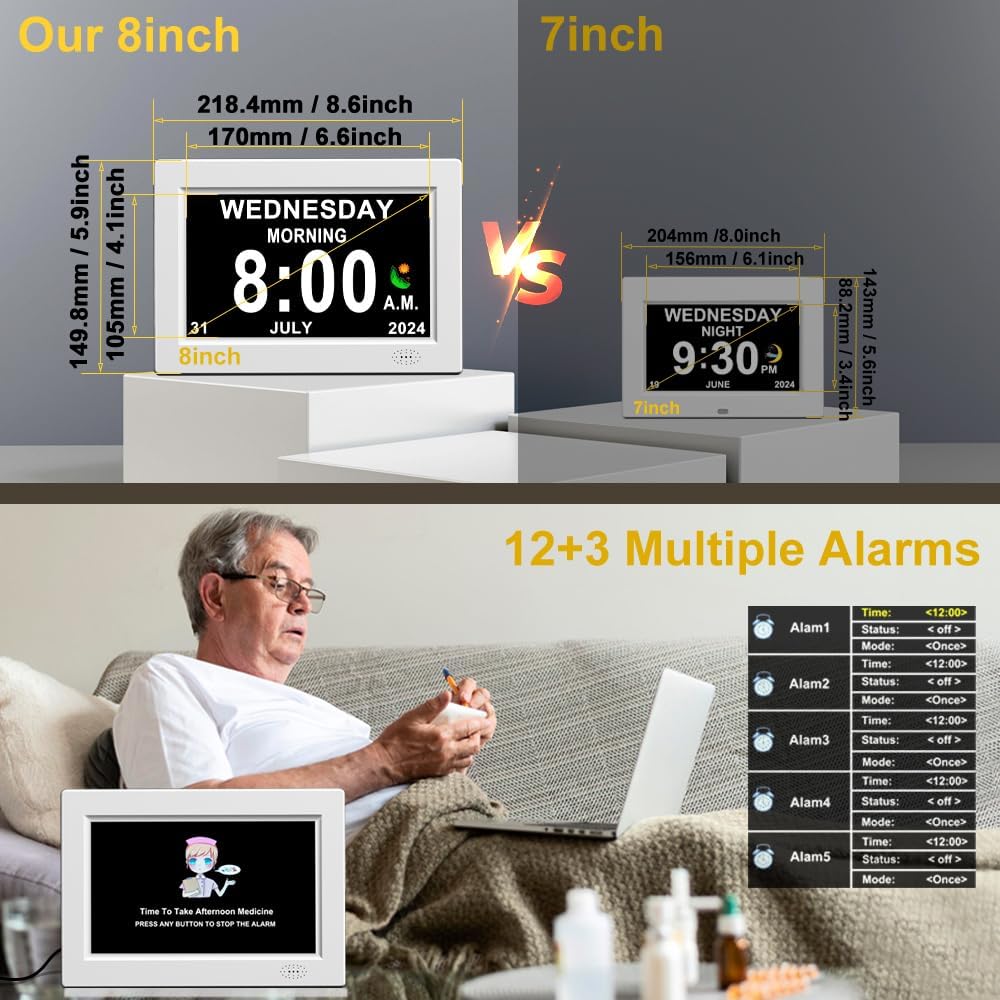 8inch Extra Large Impaired Vision Digital Alarm Clock with Day and Time for Elderly Calendar Clock Auto Dimmable Clock