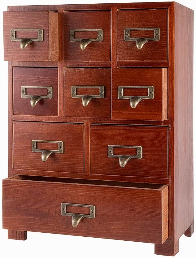 Apothecary Drawers Wooden Apothecary Cabinet with Drawers & Labels Rustic Library Card Catalog Cabinet Wooden Storage Box Desktop Organizer Herbal、Tea Bag、Jewelry Storage(Brown)