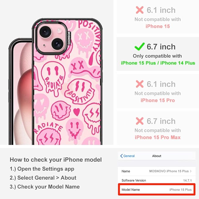 MOSNOVO Case for iPhone 15 Plus, [10ft 4X Military-Grade Drop Protection] Durable & Shockproof Phone Case Cover Design for iPhone 15 Plus / 14 Plus - Pink Dripping Smiles - Clear Black