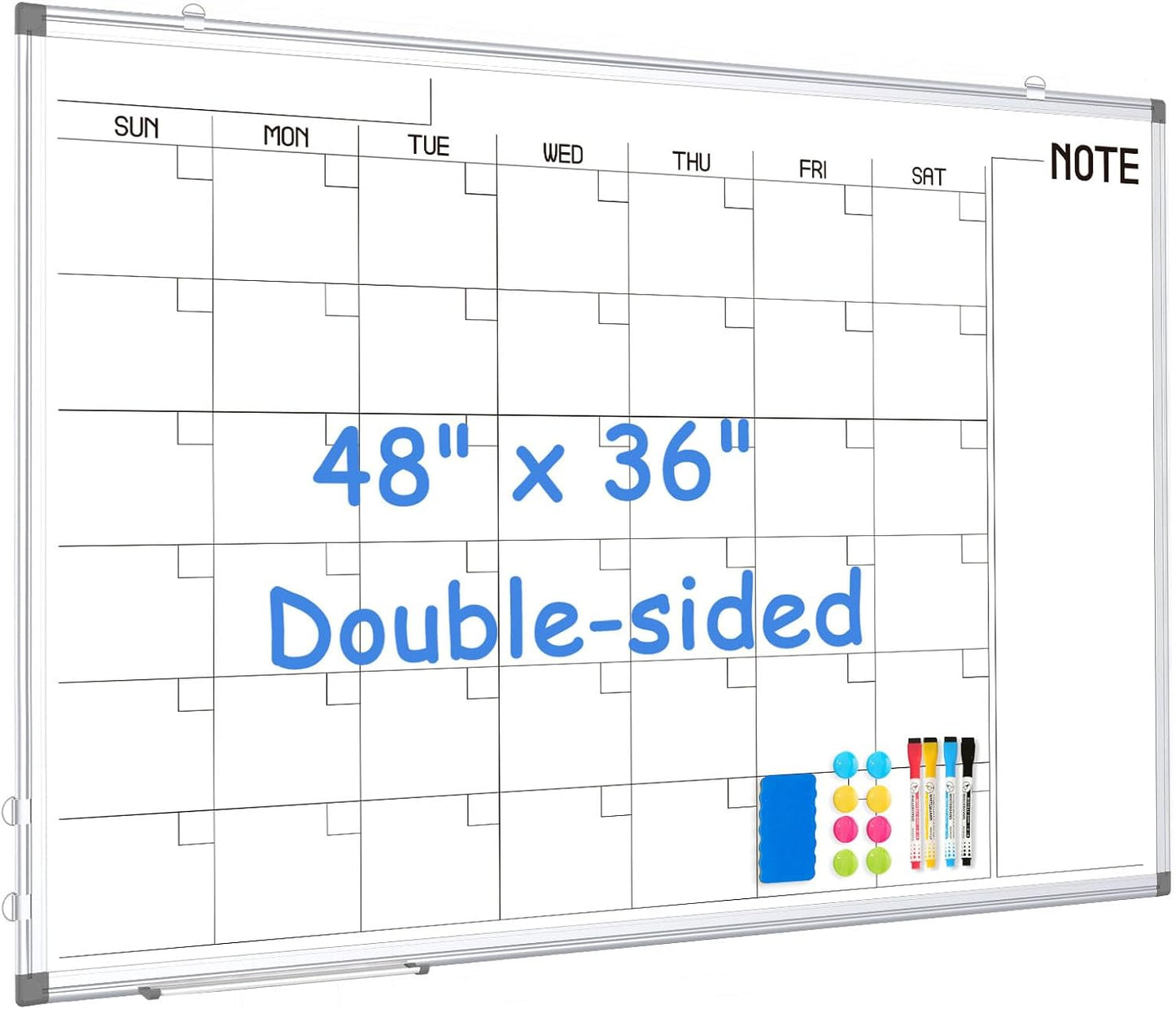 WALGLASS Dry Erase Calendar Whiteboard, 48" x 36" Monthly Large Dry Erase Calendar for Wall, Double-Sided Hanging White Board with Silver Aluminum Frame for Home, School, Office, Kitchen