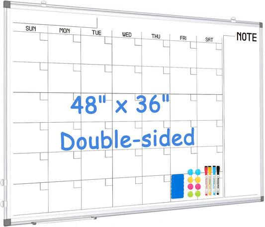 WALGLASS Dry Erase Calendar Whiteboard, 48" x 36" Monthly Large Dry Erase Calendar for Wall, Double-Sided Hanging White Board with Silver Aluminum Frame for Home, School, Office, Kitchen