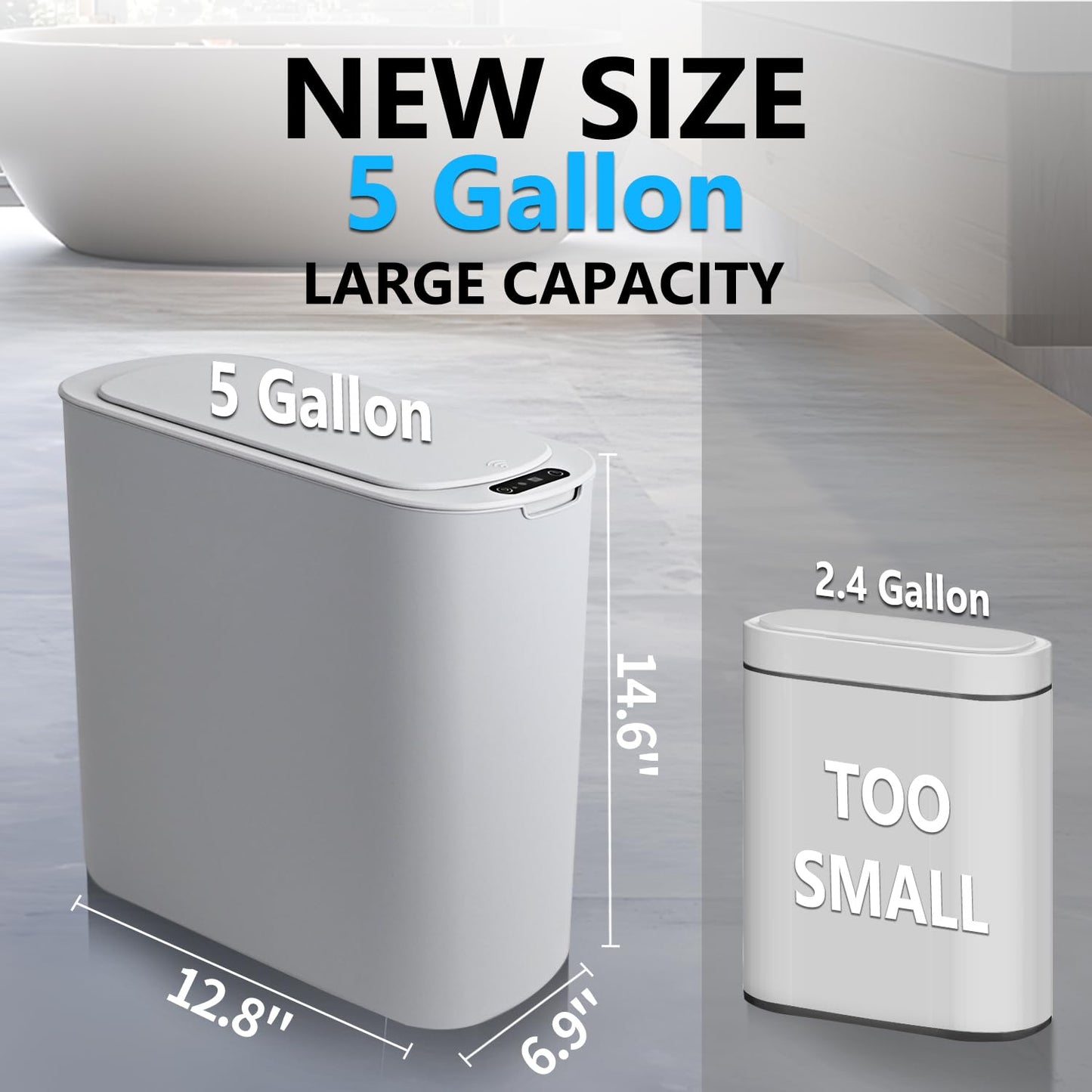 5 Gallon Motion Senor Bathroom Trash Can with Lid, Automatic Garbage Can Touchless, Smart Plastic Waste Basket for Narrow Spaces, Bathroom, Office, Bedroom, Living Room (Gray)