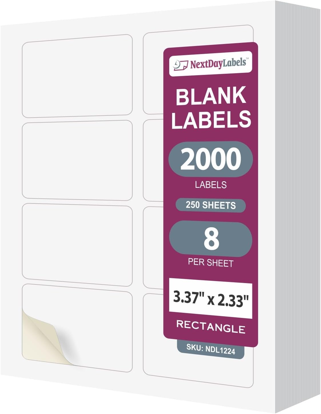 NextDayLabels – 3-3/8" x 2-1/3" Rectangular Sticker Labels for Printer - White Laser/Inkjet Printer Labels Return Address Labels Shipping Label Stickers (250 Sheets, 8 Per Sheet, 2000 Labels)