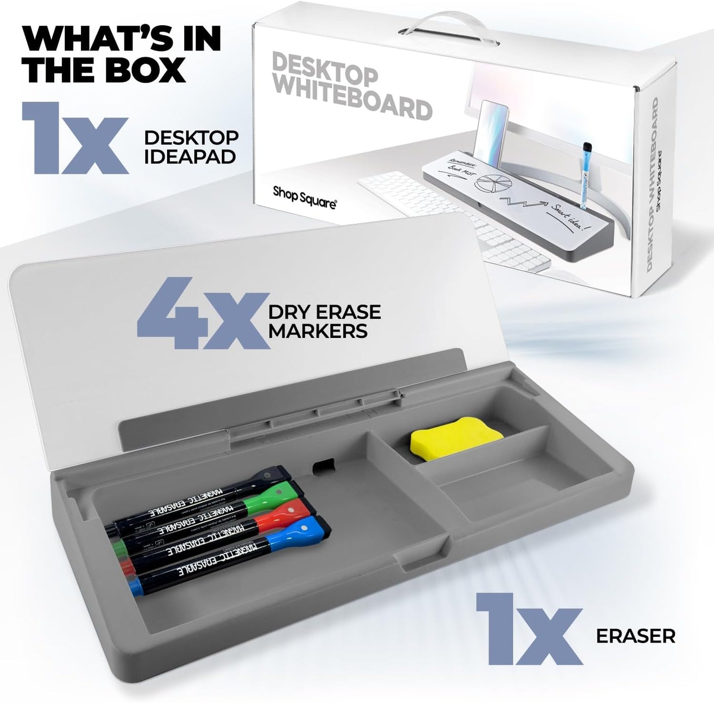 Desktop Whiteboard - Glass Dry Erase White Board - Desk Computer Buddy – Home Office & Studying Essentials - Desktop Pad with Phone & Tablet Slot, Storage Compartment - Includes 4 Markers, 1 Eraser