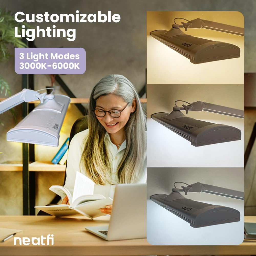 Neatfi Ultra 3,500 Lumen LED Desk Lamp, Color Correlated Temperature, 3 Light Modes, Dimmable, 45W, 26 Inch Wide Metal Shade, 540 SMD LEDs (CCT with Clamp, White)